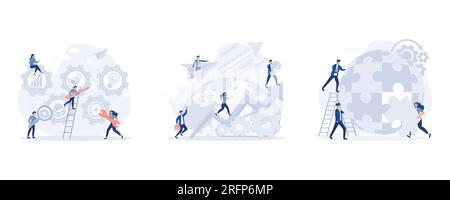Man and woman business organization with circle gear, People challenge teamwork up, Coworking and problem solving concept, set flat modern vector illu Stock Vector