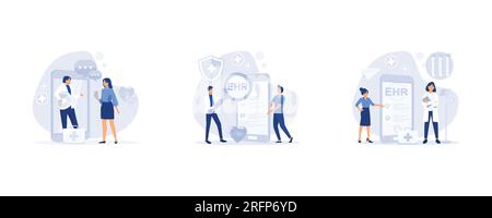 Mobile telemedicine smartphone application, doctor reading medical, treatment history, set flat vector modern illustration Stock Vector