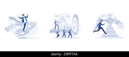 business concept, businessman breaking target archery to Successful, Businesspeople Team Carry Huge Arrow, Businessman running up stairway to the targ Stock Vector