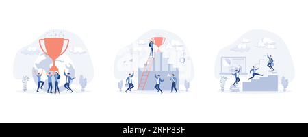 Succes team concept, people celebrate success achievment by holding a big goblet, Symbol of succes of teamwork, Way up to Success, set flat vector mod Stock Vector