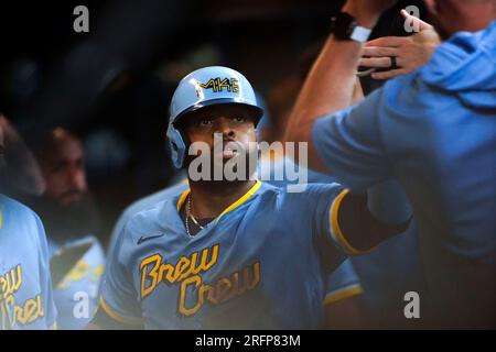 Milwaukee Brewers' Mark Canha hits a grand slam during the eighth inning of  a baseball game against the Washington Nationals, Saturday, Sept. 16, 2023,  in Milwaukee. (AP Photo/Aaron Gash Stock Photo - Alamy