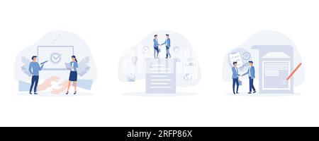 digital contract. signing digital document with electronic signature. people standing on a signed contract, set flat vector modern illustration Stock Vector