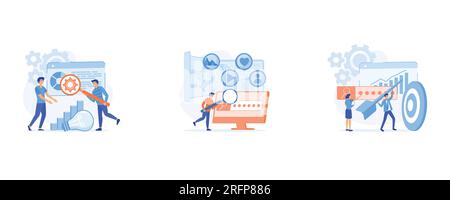 Seo targeting and performance concept, marketing and seo strategy, market trends and planning seo optimization, set flat vector modern illustration Stock Vector