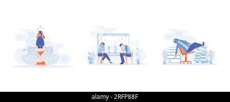 Stress in the office. Rush work. Deadline. Stress Management, Overworked businessman, set flat vector modern illustration Stock Vector