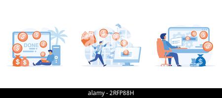 Earn money online concept, earn in internet, getting profit or high income, set flat vector modern illustration Stock Vector
