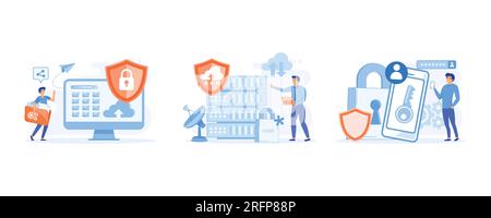 server Security and Data Protection Concept. Online Payment Security, Cloud Shared Documents, set flat vector modern illustration Stock Vector