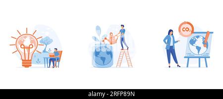 Circular economy, Sustainable economic growth strategy, reduce co2 emission and climate impact. ESG, green energy and industry, set flat vector modern Stock Vector