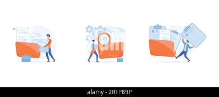 storage and indexing of information concept, Workers searching file, adds file to big folder, set flat vector modern illustration Stock Vector