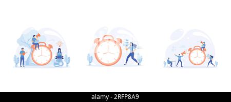 An Objective Assessment Possibilities Deadline, Businesswoman running in hurry to chase deadline time,Time management, set flat vector modern illustra Stock Vector