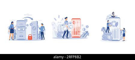 Banking service, successful contact less payment transaction. analyzes bank data. Pos -terminal and payment systems, set flat vector modern illustrati Stock Vector