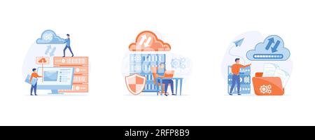 cloud computing concept. data center, file management, cloud storage. set flat vector modern illustration Stock Vector