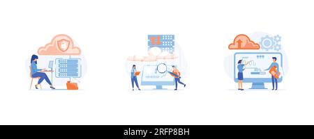 business technology concept, cloud server service, data center storage, Download file, set flat vector modern illustration Stock Vector