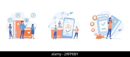 Mobile banking concept, people using app for money transfer, pays with mobile phone successfully and safely, set flat vector modern illustration Stock Vector