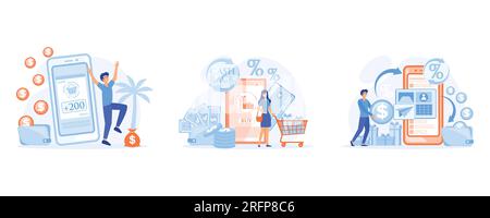 Earn points concept. rejoices in new accrued bonuses, Discount earn point and gift. financial savings and money refund. set flat vector modern illustr Stock Vector