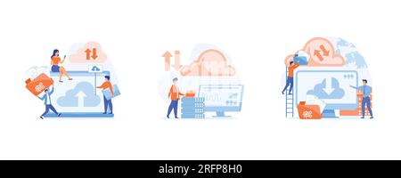 Business technology concept, file upload backup on cloud server storage, cloud computing service , online database, set flat vector modern illustratio Stock Vector