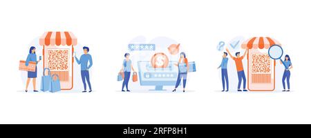 QR code scanning concept. scan QR code for payment and everything, payment approved, set flat vector modern illustration Stock Vector