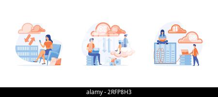 Cloud storage concept, information hosting technology, data storage and backup, Cloud data server, set flat vector modern illustration Stock Vector