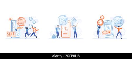 Online cash back or money refund concept. Online banking, Saving money, get vouchers and discounts, reward program, set flat vector modern illustratio Stock Vector