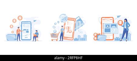 mobile banking concepts. digital wallet app, online transactions, Cash back loyalty program, cash back on Internet, set flat vector modern illustratio Stock Vector