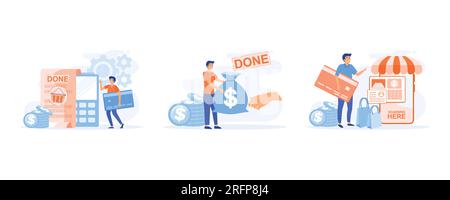 Payment methods, Characters paying with credit card, cash with banknotes and online by electronic bank transfer. Cash and electronic payments. set fla Stock Vector