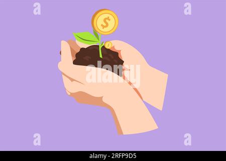 Character flat drawing hands of farmer is planting money seedlings into soil logo, icon, symbol. Money, saving and investment or family planning for b Stock Photo