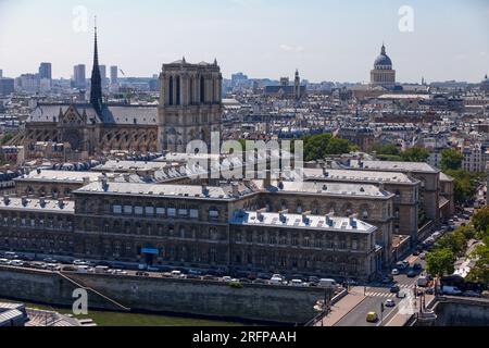 Paris, France - July 07 2017: Aerial view of the Hôpital Hôtel-Dieu (AP-HP), the Pont Notre-Dame and the Seine River and with behind, Notre Dame, the Stock Photo