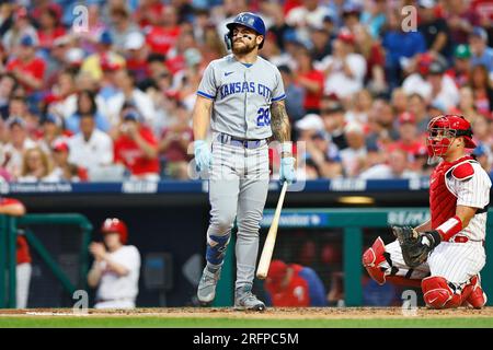 PHILADELPHIA, PA - AUGUST 06: Kyle Isbel #28 of the Kansas City Royals  during the game against the Philadelphia Phillies on August 6, 2023 at  Citizens Bank Park in Philadelphia, Pennsylvania. (Photo