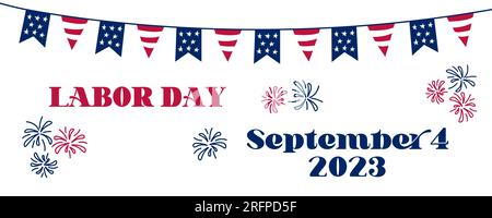 Labor Day 2023 banner. American Labor Day celebration poster. Text and doodle symbols of USA. Vector illustration Stock Vector