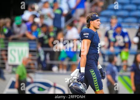 Seattle Seahawks wide receiver Jake Bobo (19) runs with the ball and scores  a touchdown during an NFL pre-season football game against the Minnesota  Vikings, Thursday, Aug. 10, 2023 in Seattle. (AP