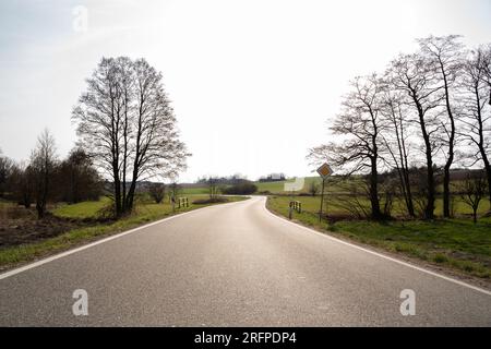 Road in landscape between trees and agriculture fields on sunny afternoon in spring Stock Photo