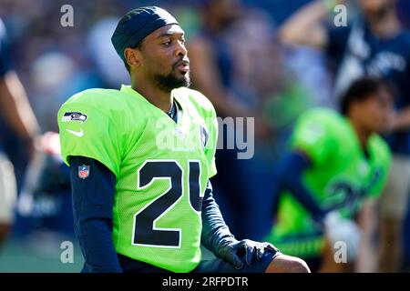 Seattle Seahawks cornerback Arquon Bush (24) stretches before the NFL  football team's mock game, Friday, Aug. 4, 2023, in Seattle. (AP  Photo/Lindsey Wasson Stock Photo - Alamy