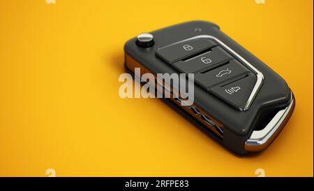 Flip car key isolated on yellow background. 3D illustration. Stock Photo