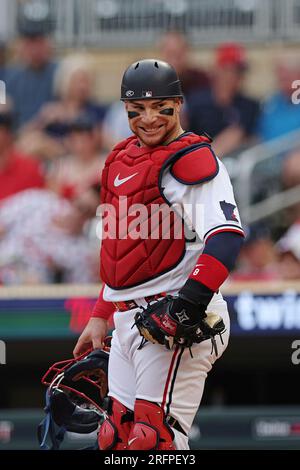 Minnesota Twins catcher Christian Vazquez (8) warms up during the top of  the seventh inning of a baseball game against the Washington Nationals,  Saturday, April 22, 2023, in Minneapolis. Washington won 10-4. (