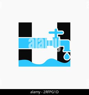 Letter H Plumber Logo Design. Plumbing Logo Symbol With Water and Water Tap Icon Stock Vector