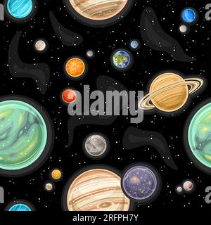 Vector Space Seamless Pattern, square repeat background with illustration of different planets and stars in deep space for bed linen design, decorativ Stock Vector