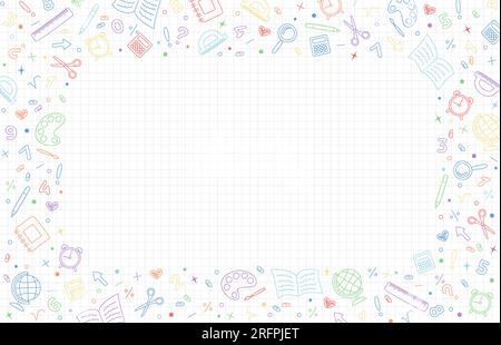 School background with copy space. White graph background with frame of colorful hand drawn school stationery icons. Vector illustration Stock Vector