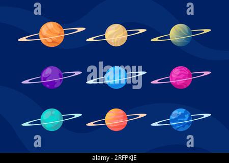 Fantastic planets icons set. Cosmic world design elements. Galaxy objects, planets with rings, craters and glowing lava surface. Vector illustration Stock Vector