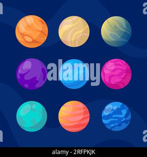 Fantastic planets icons set. Cosmic world design elements. Galaxy objects, planets with rings, craters and glowing lava surface. Vector illustration Stock Vector