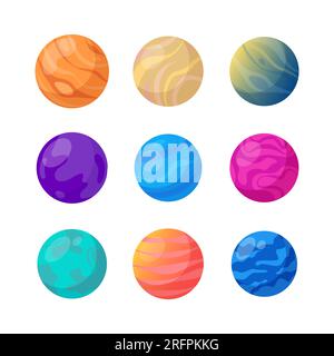 Fantastic planets icons set. Cosmic world design elements. Galaxy objects, planets with rings, craters and glowing lava surface. Vector illustration Stock Vector