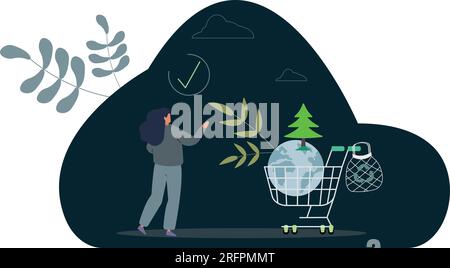 Eco friendly consumer with sustainable shopping habits .Environmental care with reusable and green product choices.Buy responsible and ecological groc Stock Vector