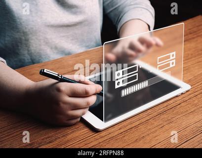 Woman use digital tablet with data host server storage VR interface. Icon for information exchange and transfer concept. Stock Photo