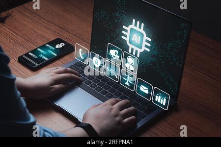 Woman use the power of AI on laptop and smartphone. Chat concept AI. Artificial Intelligence. Futuristic technology transformation. Write a prompt. Stock Photo