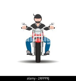 Cool biker in a helmet with a horn on a motorcycle, front view. Travel freedom. Vector. Stock Vector