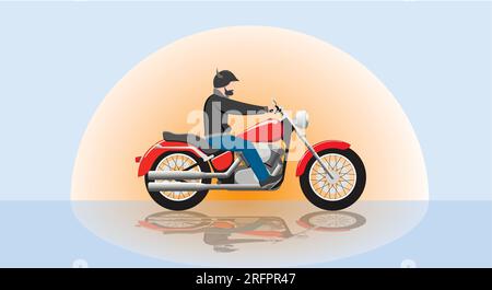 A cool biker in a helmet with a horn on a motorcycle rides against the backdrop of the setting sun. Stock Vector