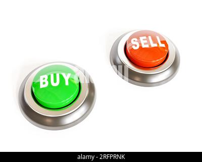 3d rendering of red and green glossy push buttons with SELL and BUY labels on white background Stock Photo