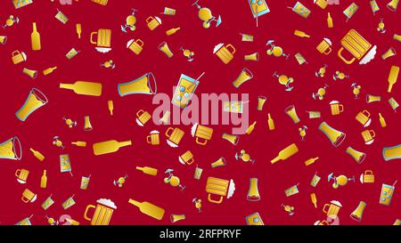 Endless seamless pattern of beautiful glass glasses with tasty alcoholic cocktails with ice and straws with lemons and beer for a party on a red backg Stock Vector