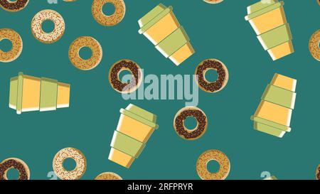 Seamless pattern, texture from different round sweet tasty hot donuts with sugar in caramel chocolate and a cup of hot fast take-out strong coffee on Stock Vector