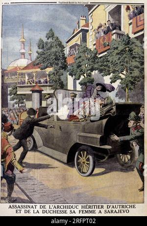 Assassinat de l'archiduc heritier d'Autriche et de la duchesse sa femme à Sarajevo - in 'Le Petit Journal' du 12.07.1914 - Assassinat de l'archiduc heritier d'Autriche Francois-Ferdinand (Franz Ferdinand ou Francois Ferdinand) et de la duchesse sa femme à Sarajevo -  Assassination of Franz Ferdinand, 1863-1914 Archduke of Austria, and his wife Sophie, in Sarajevo, Bosnia, 28 June 1914, Stock Photo