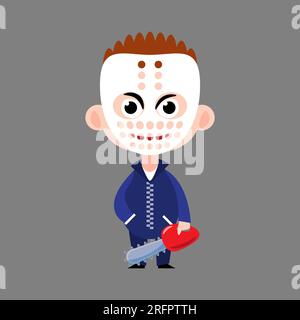 Murderer hold chainsaw . Cute halloween cartoon characters . Vector . Stock Vector