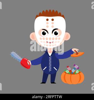 Murderer hold chainsaw . Cute halloween cartoon characters . Vector . Stock Vector